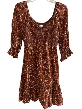 Hollister Brown Floral Square Neck Shirred Mini Dress